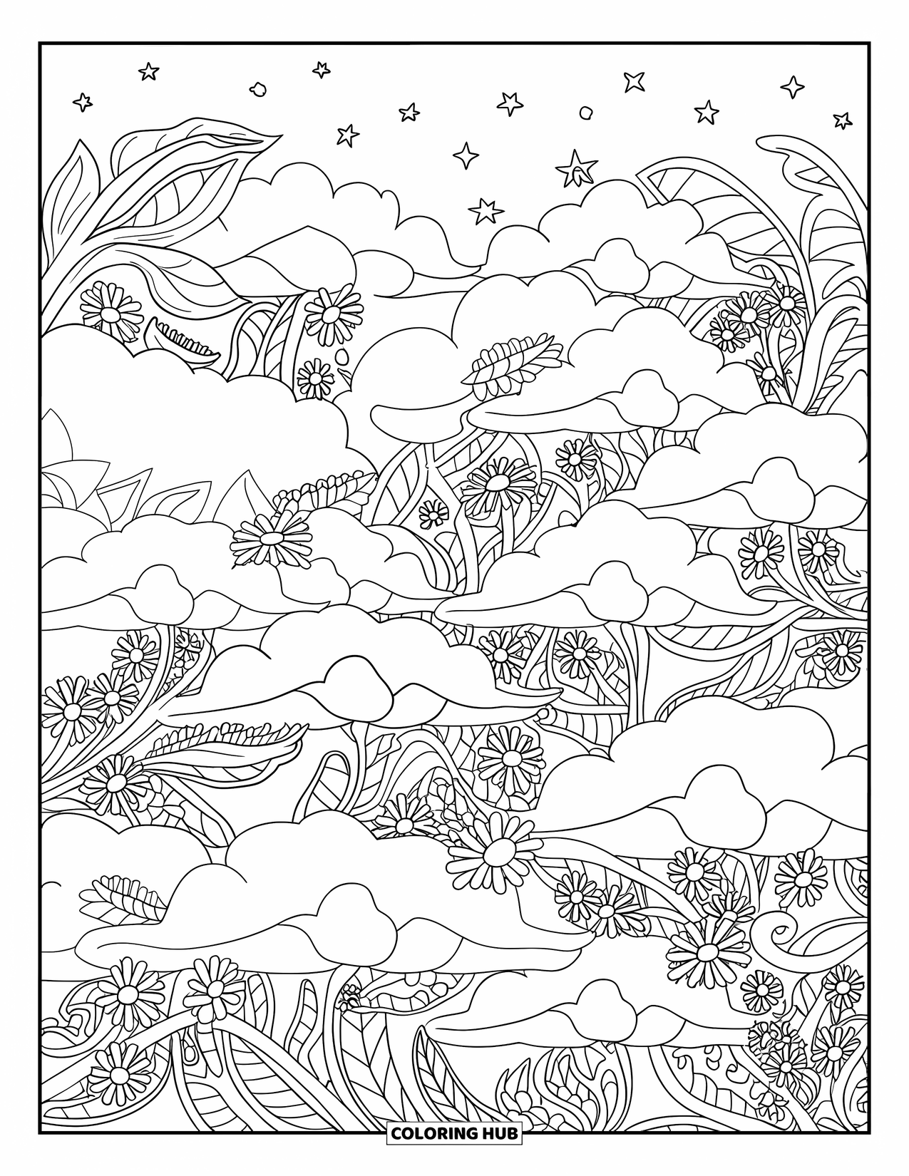 Cloud Coloring Page for Adults: Clouds twist into leafy and floral shapes across a quiet sky dotted with stars