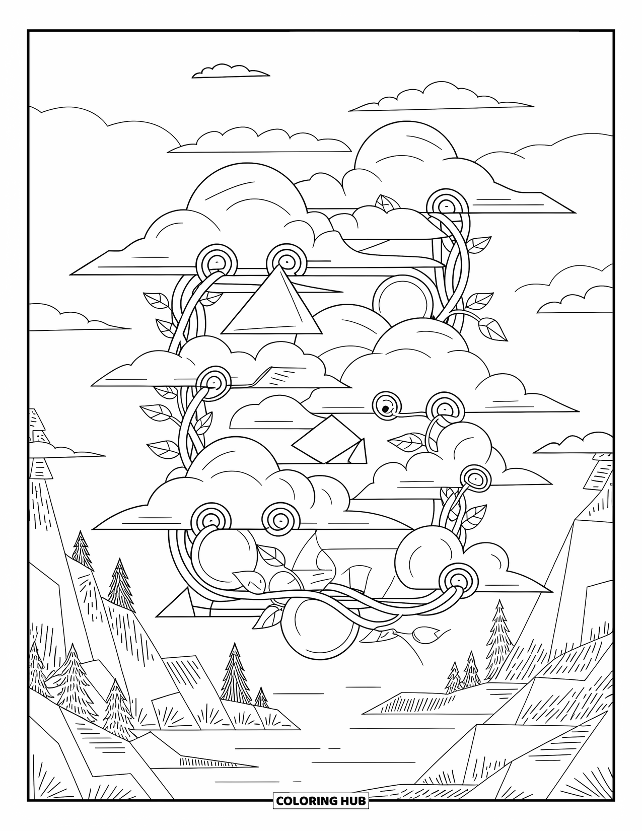 Cloud Coloring Page for Adults: Fluffy clouds mix with vines and shapes above a calm scene of land and water
