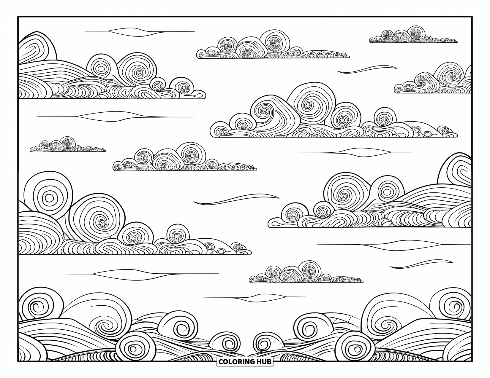 Cloud Coloring Page for Adults: Quilt-like clouds swirl above with flowing wind lines gently connecting them