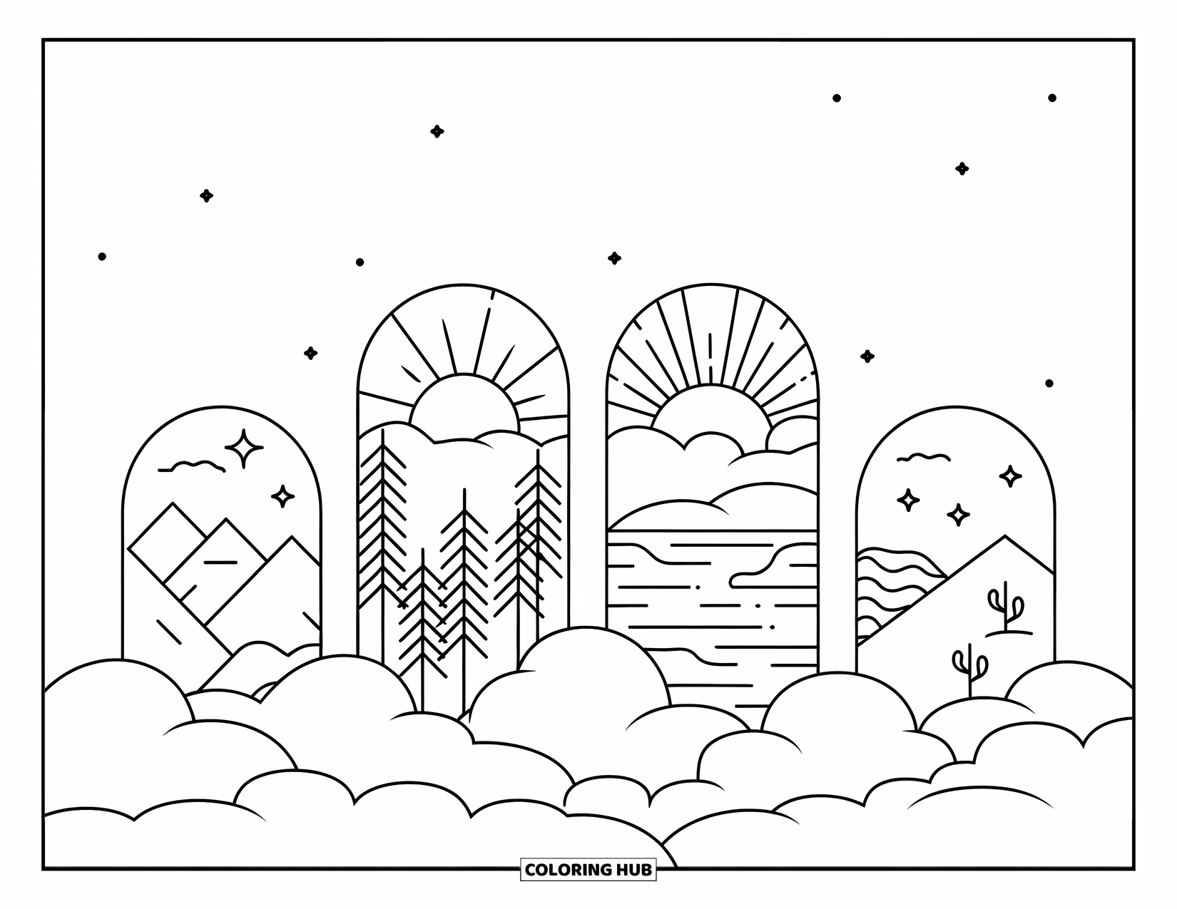Cloud Coloring Page for Adults: Sunlight shines through cloud arches, each holding peaceful landscapes like water, trees, and dunes