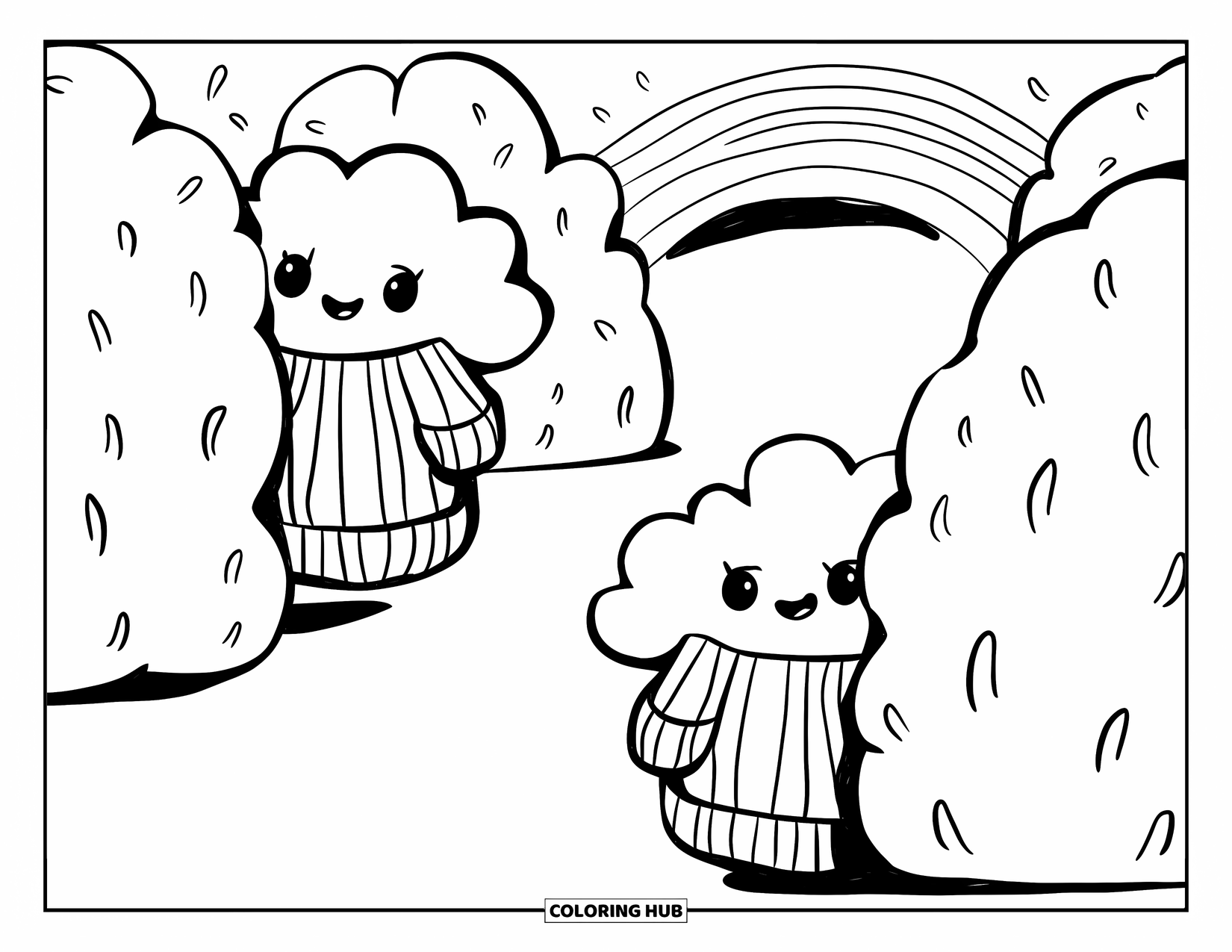 Cloud Coloring Page for Adults: Twin clouds in sweaters play hide-and-seek behind marshmallow bushes near a rainbow tunnel