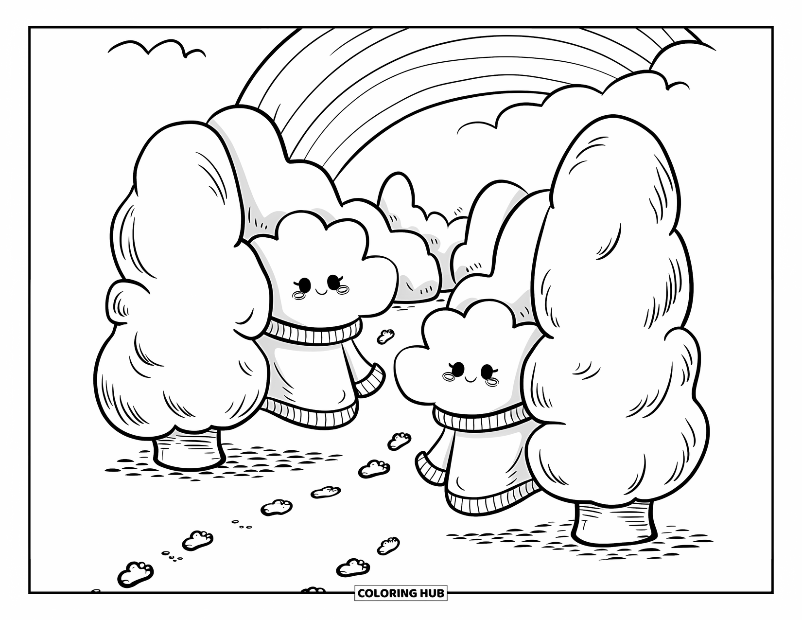 Cloud Coloring Page for Adults: Two clouds in sweaters giggle and hide in misty bushes under a floating rainbow