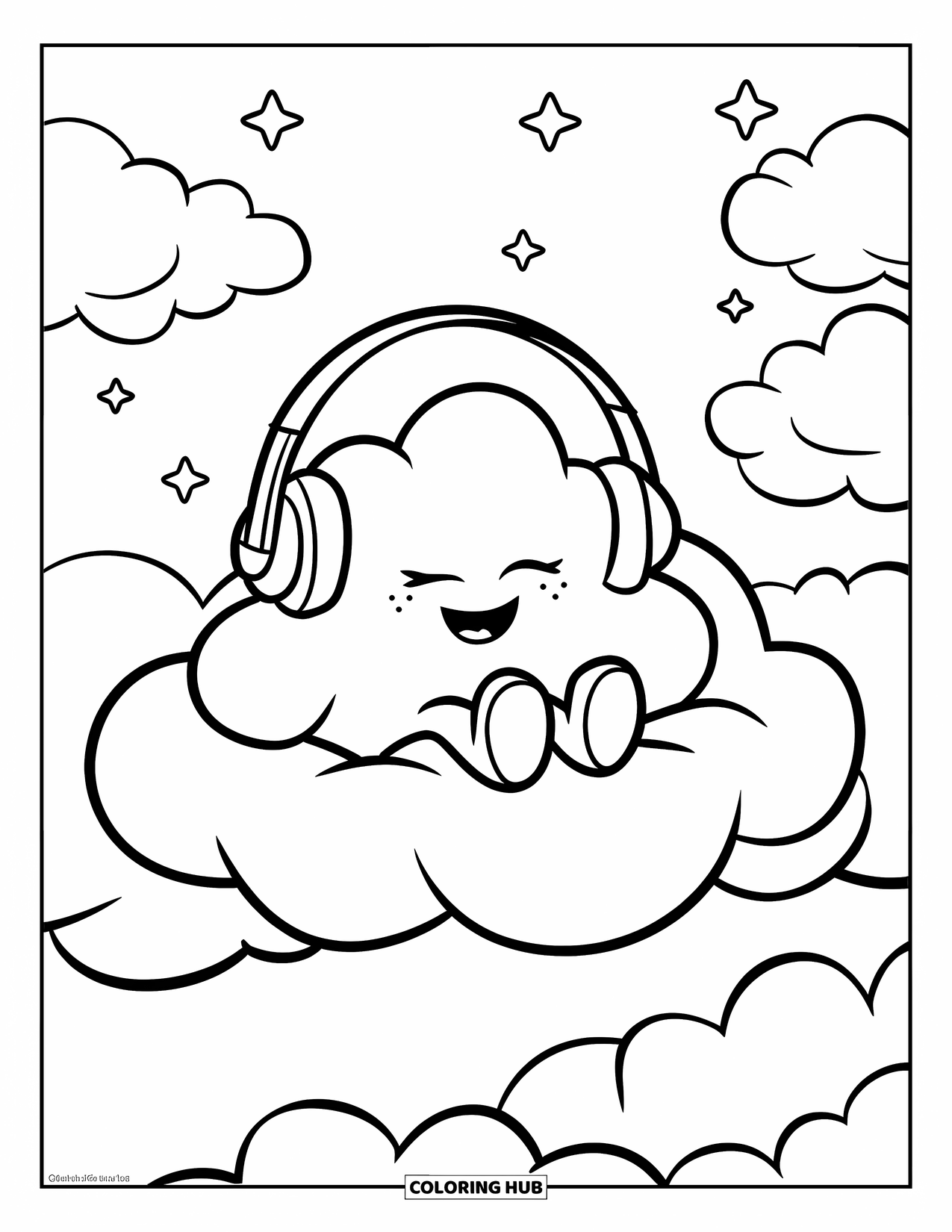 Cloud Coloring Page for Kids: A cheerful cloud lounges in the sky with headphones and twinkling stars around