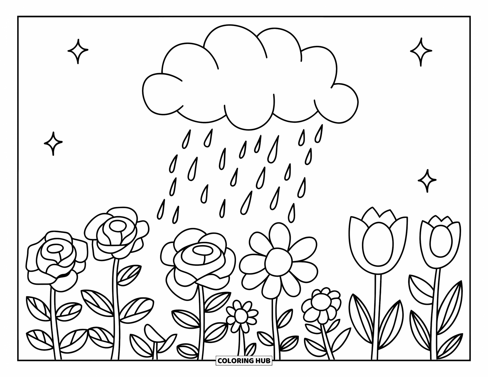 Cloud Coloring Page for Kids: A cloud rains softly over a happy garden filled with roses, daisies, and tulips