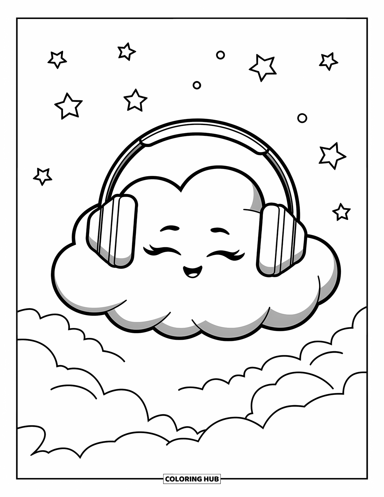 Cloud Coloring Page for Kids: A cloud wearing headphones relaxes under the stars with a peaceful expression