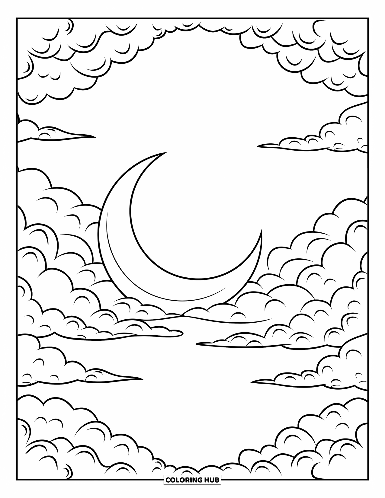 Cloud Coloring Page for Kids: A crescent moon floats in textured clouds under a calm, empty sky