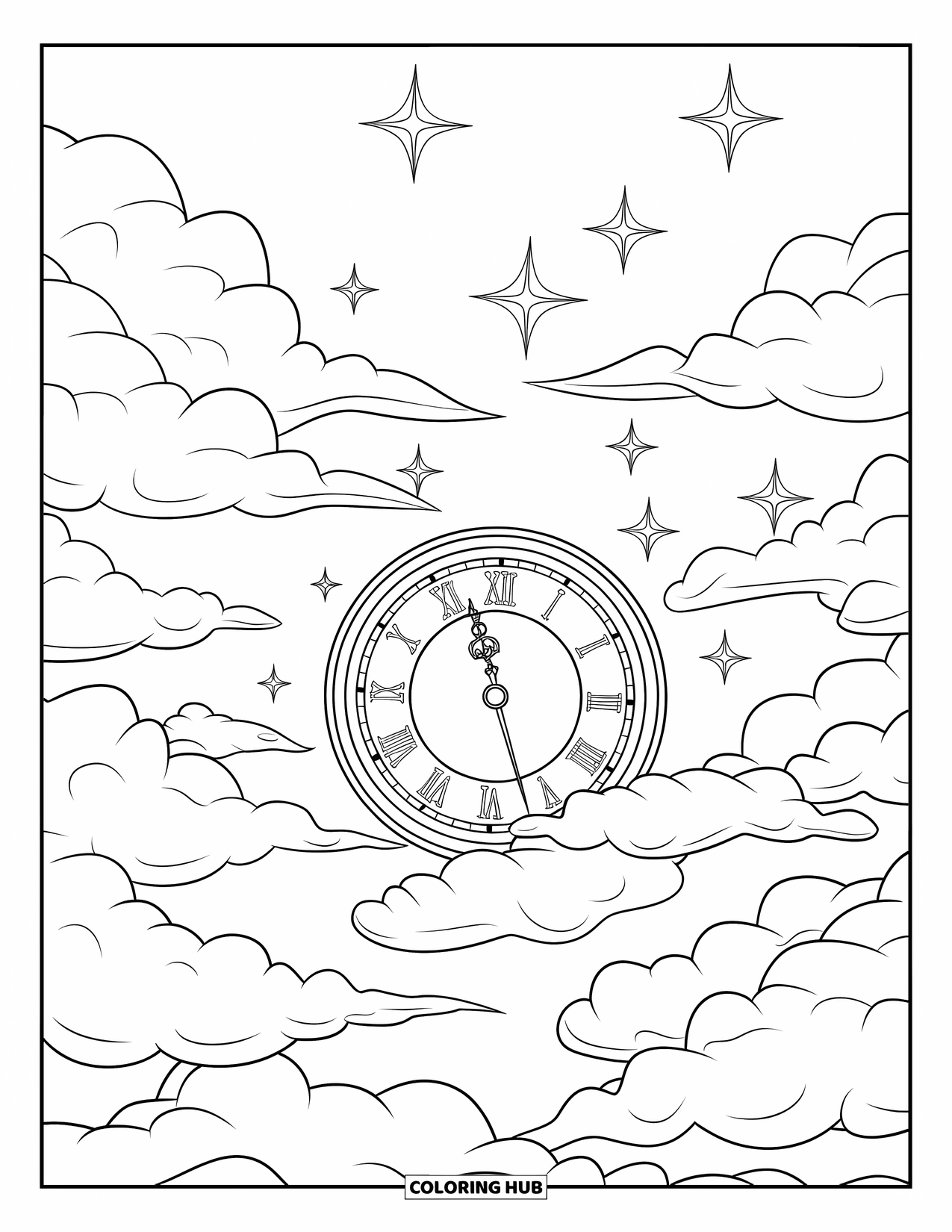 Cloud Coloring Page for Kids: A floating clock drifts among clouds and stars, its Roman numerals shining in the sky