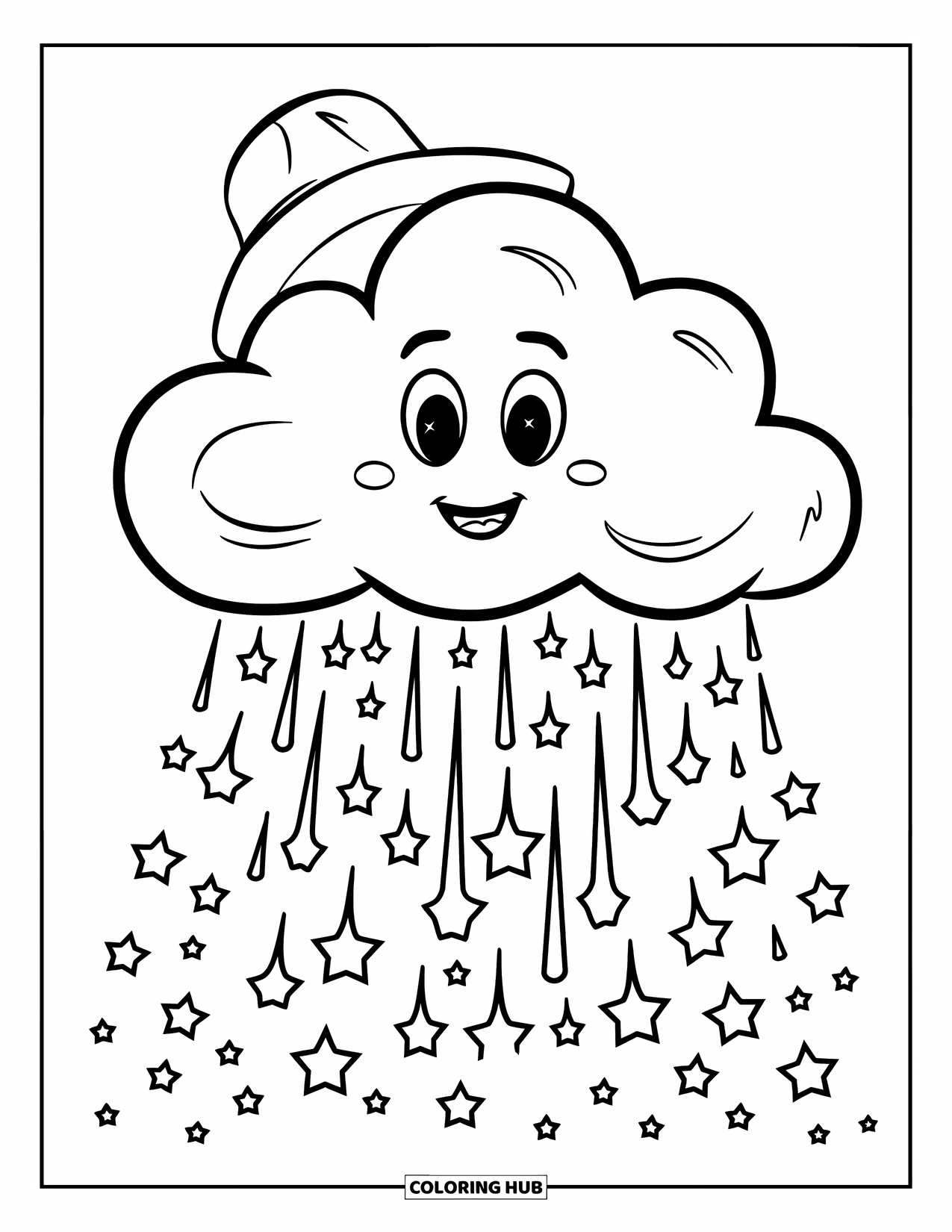 Cloud Coloring Page for Kids: A happy cloud rains glowing stars across a quiet, dreamy sky