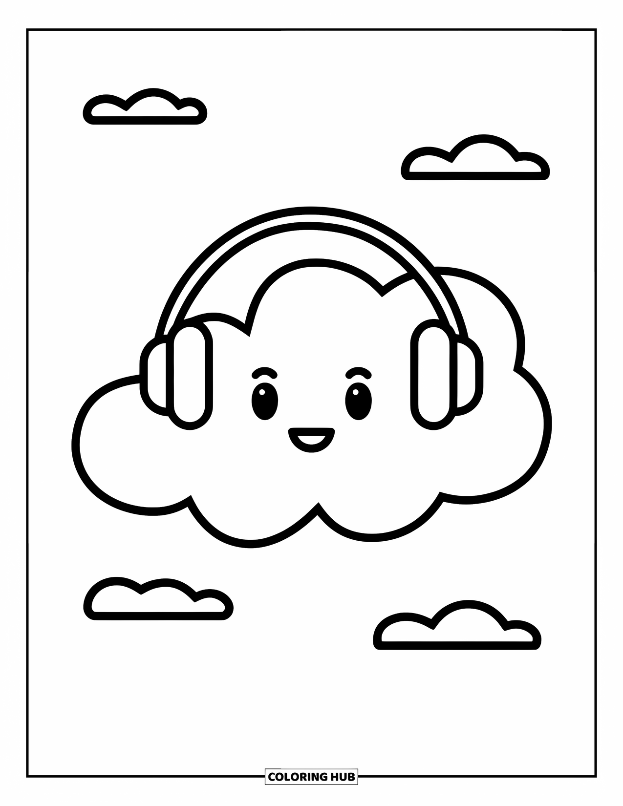 Cloud Coloring Page for Kids: A happy cloud relaxes with headphones as soft lines drift across the sky