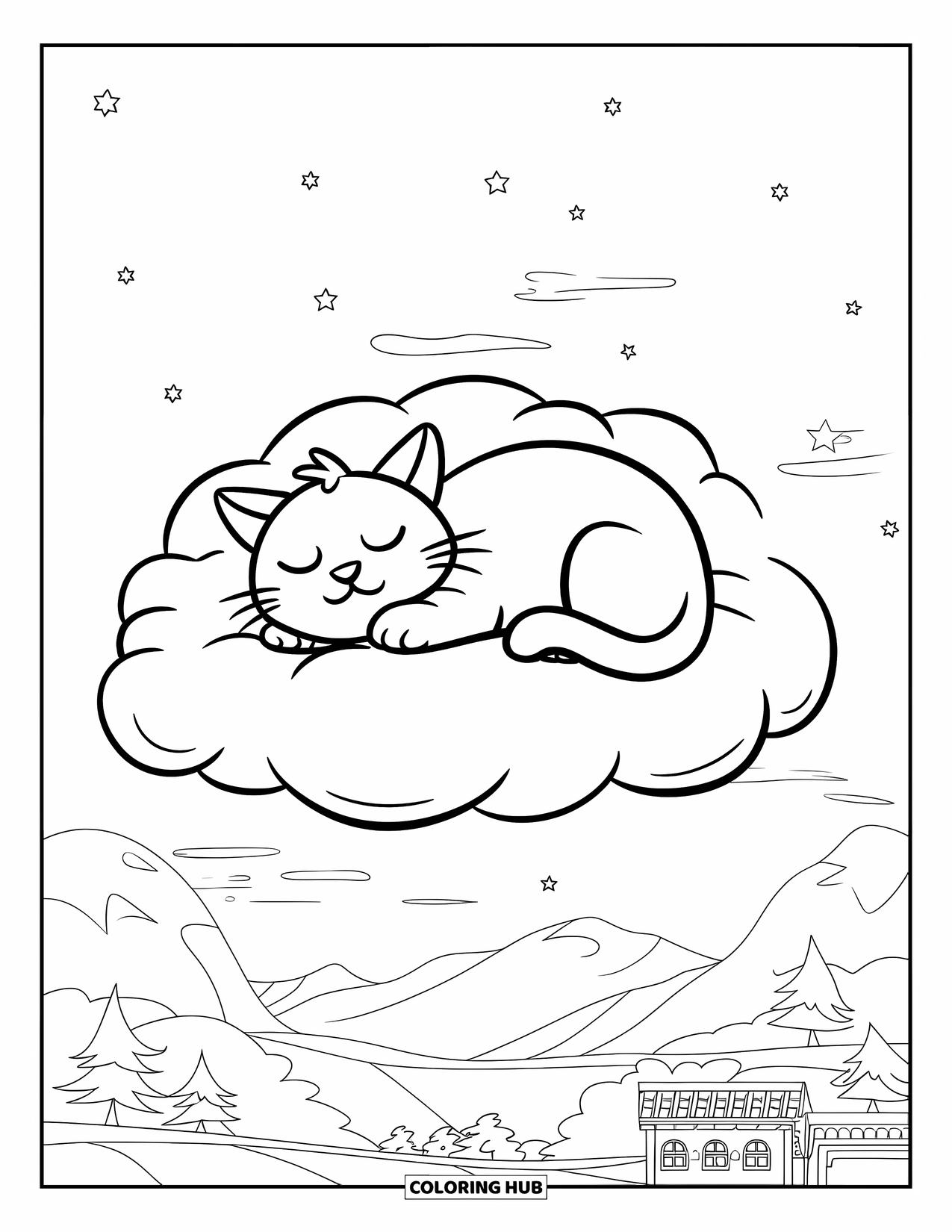 Cloud Coloring Page for Kids: A napping cat floats on a cloud above mountains, trees, and a quiet building