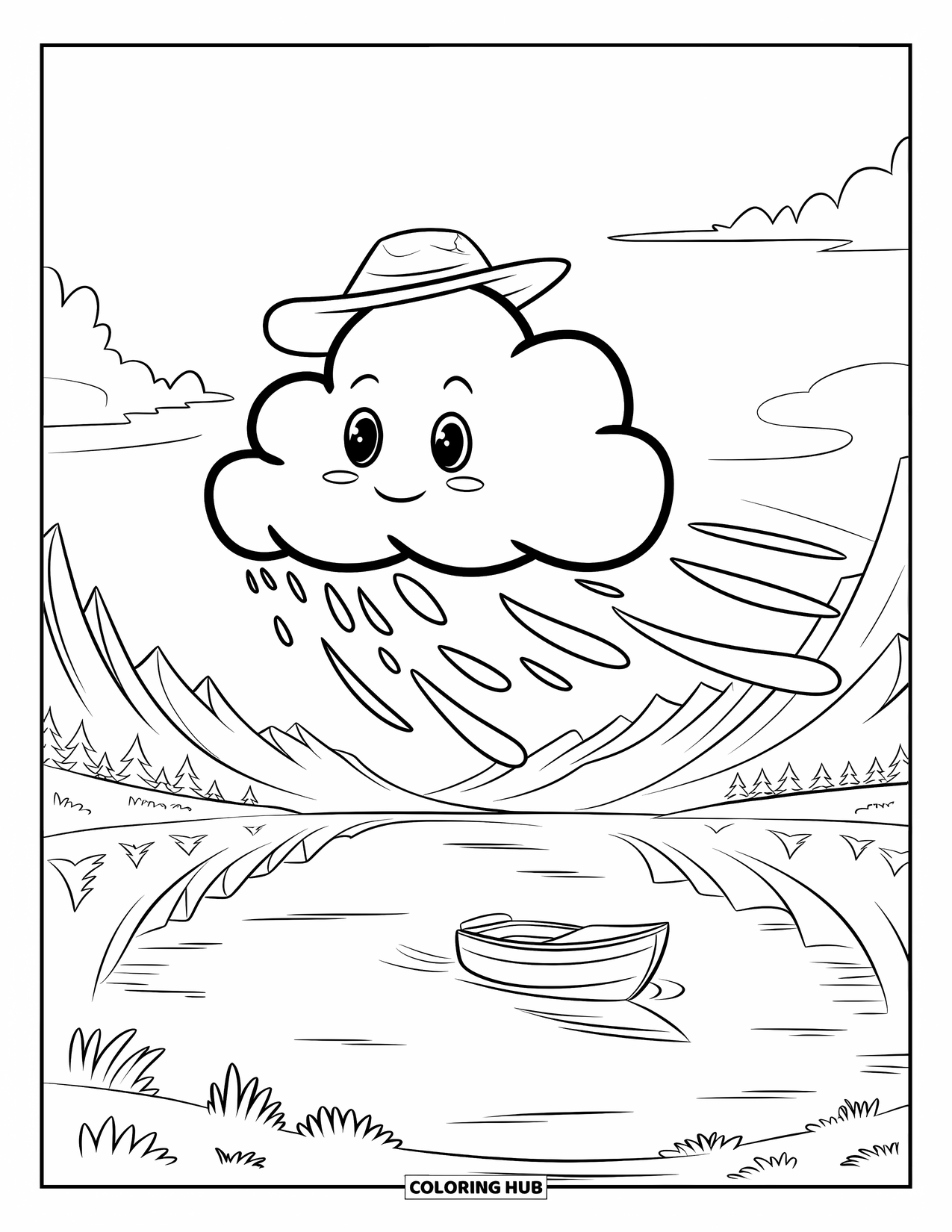 Cloud Coloring Page for Kids: A smiling cloud blows wind across a lake with trees and mountains in the background