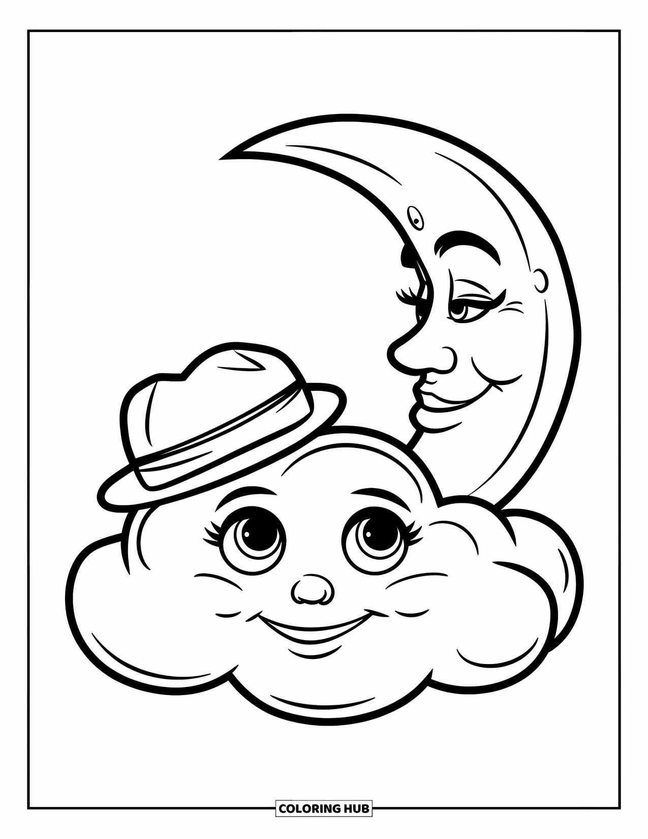 Cloud Coloring Page for Kids: A smiling moon and cloud, both wearing hats, relax under a peaceful sky