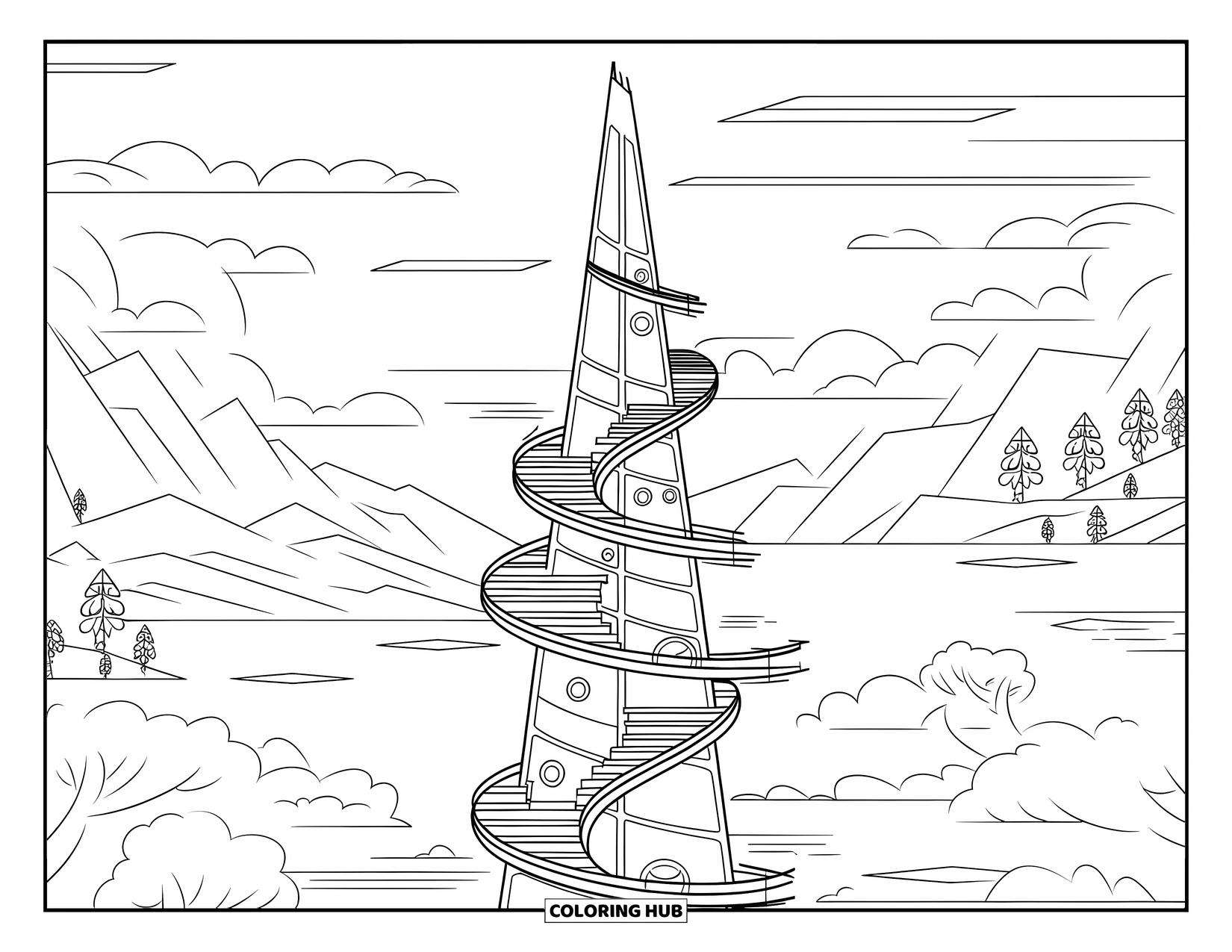 Cloud Coloring Page for Kids: A spiraled glass tower stands tall among clouds, mountains, trees, and a calm lake below