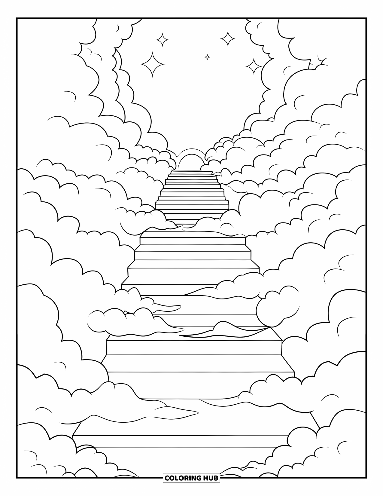 Cloud Coloring Page for Kids: A stairway made of clouds climbs into the sky, surrounded by soft stars and silence