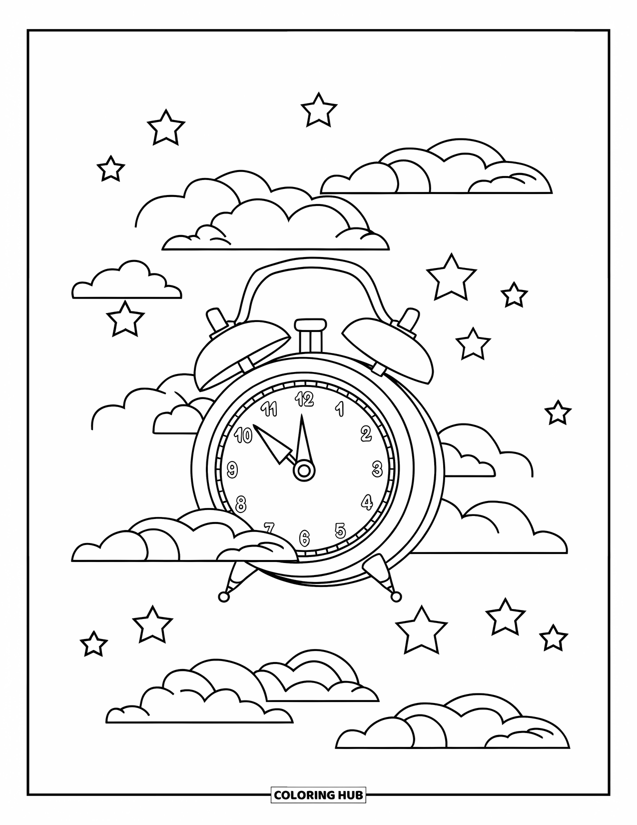 Cloud Coloring Page for Kids: A vintage alarm clock drifts among clouds as stars twinkle softly above