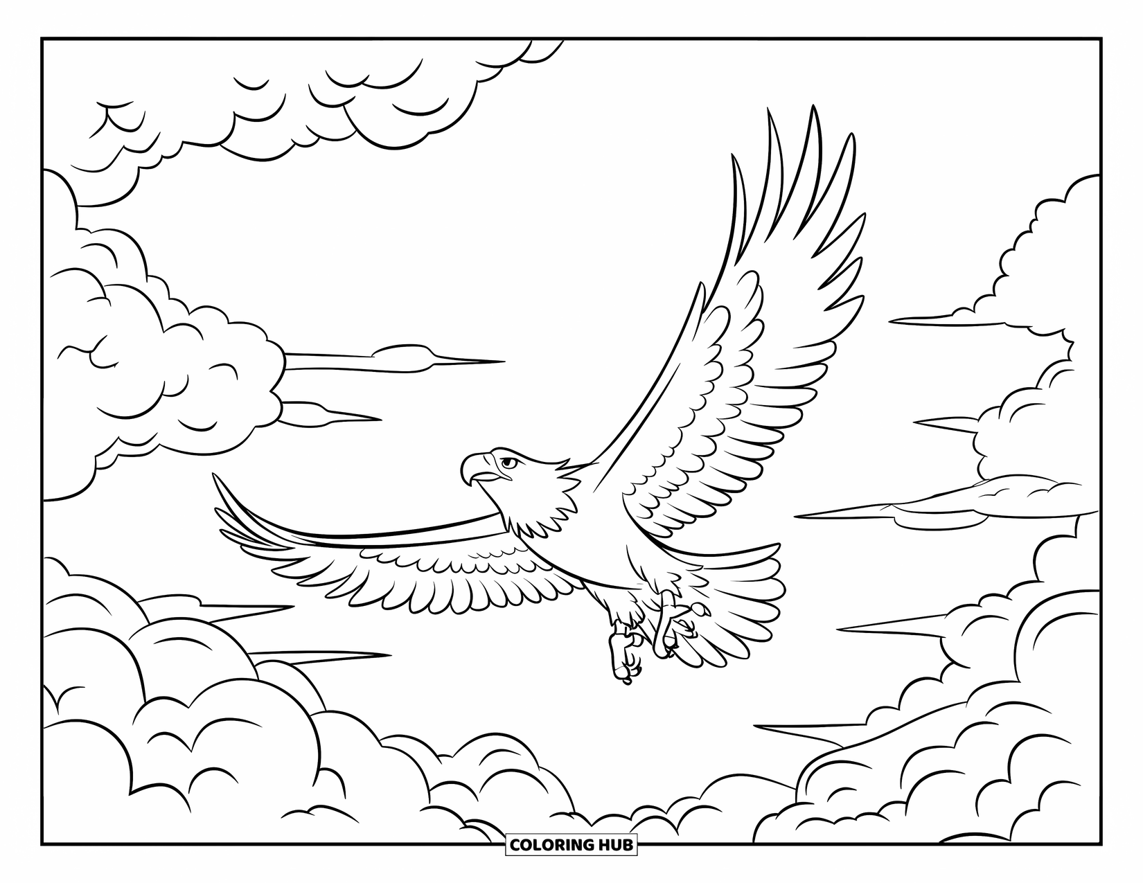 Cloud Coloring Page for Kids: An eagle glides through swirling clouds with its wings wide open and eyes focused upward