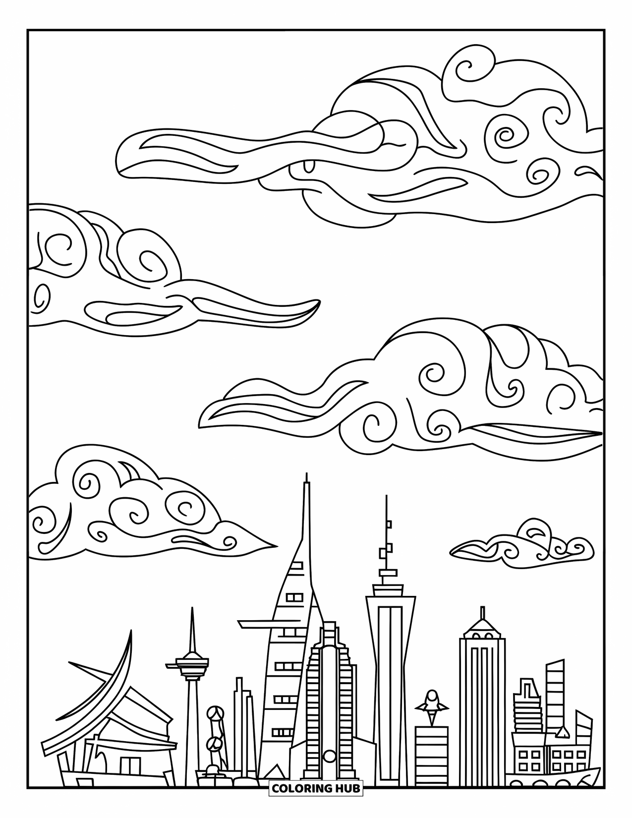 Cloud Coloring Page for Kids: Stylized clouds float over a skyline of creative buildings and a sail-roof tower