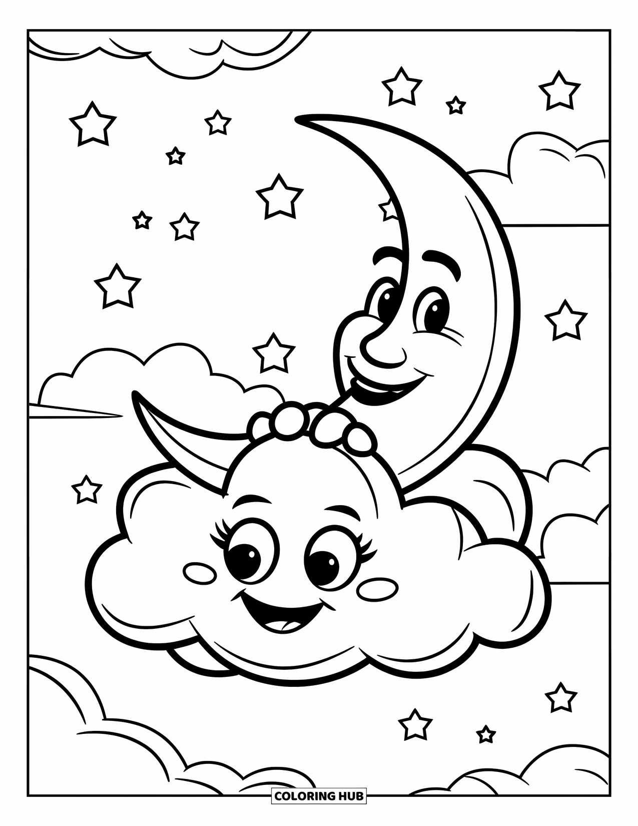 Cloud Coloring Page for Kids: The moon and a cheerful cloud rest together while stars fill the night sky