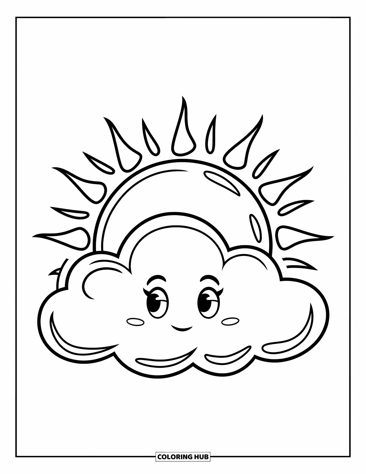 Cloud Coloring Page for Kids: The sun peeks over a peaceful cloud with calm eyes and a gentle smile