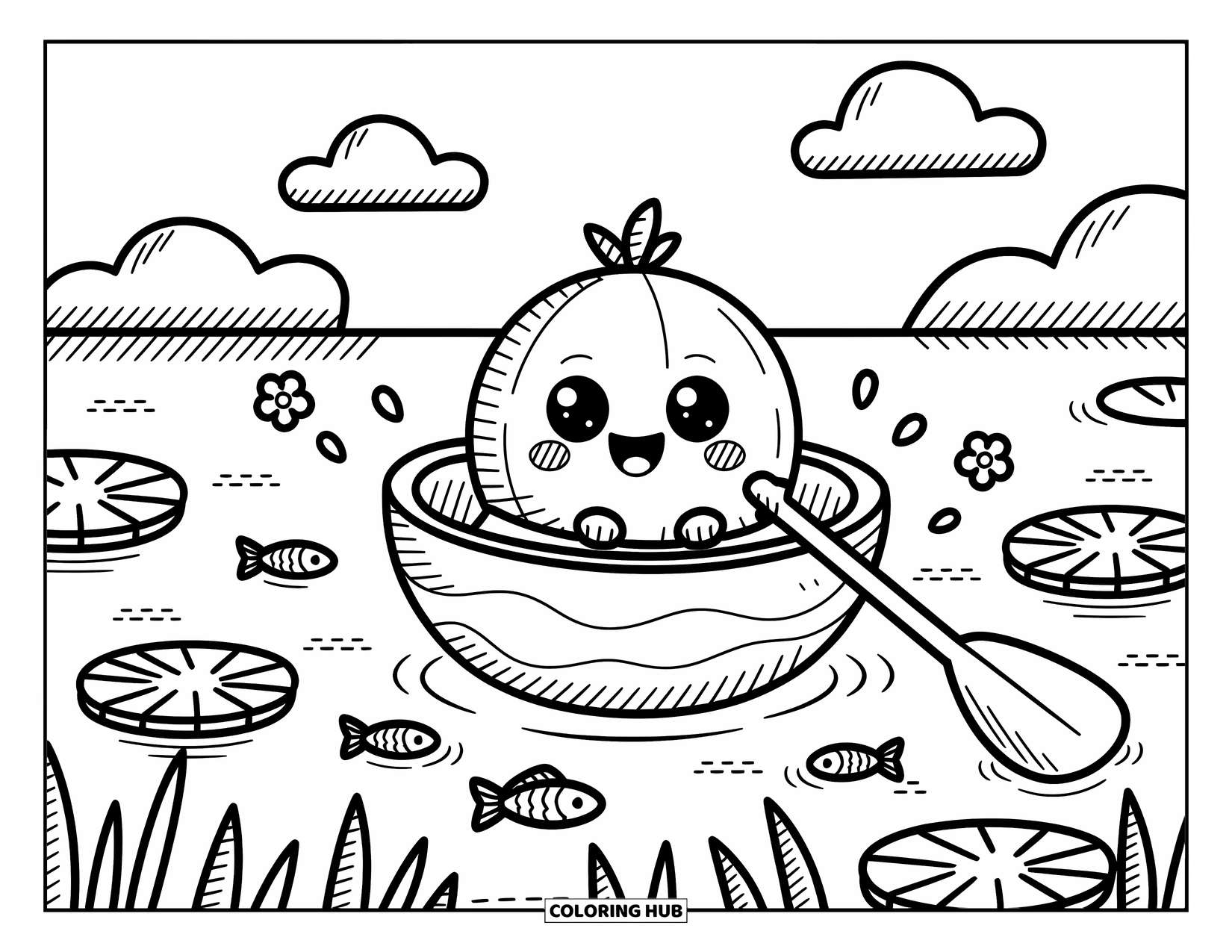Coconut Coloring Page for Adults: Adorable coconut in a shell boat glides through a peaceful lagoon with flowers and fish