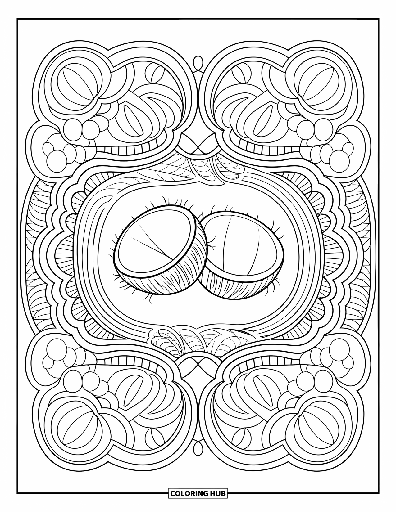 Coconut Coloring Page for Adults: Bold outline design of coconuts with leafy lace patterns