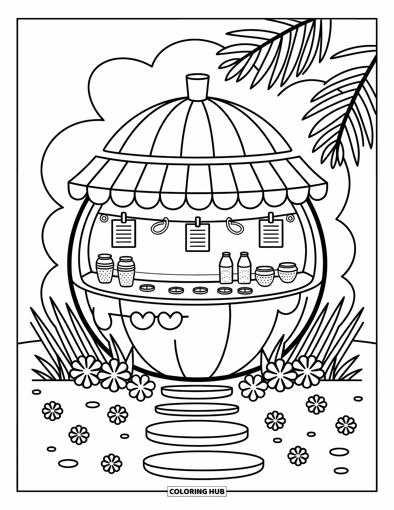 Coconut Coloring Page for Adults: Coconut drink stand with tiny menus, lime slices, and cozy beach vibes