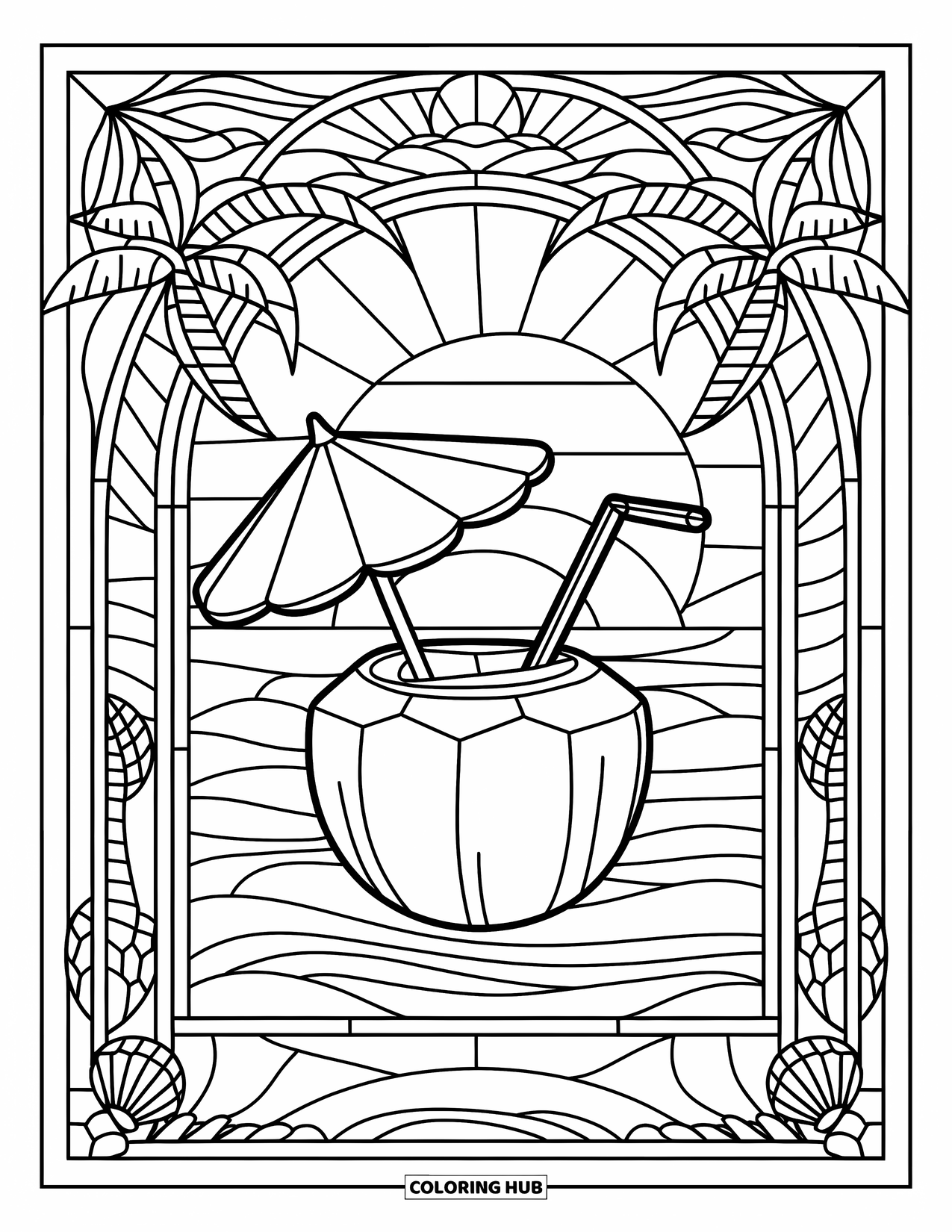 Coconut Coloring Page for Adults: Coconut drink with umbrella in a stained glass beach-themed frame