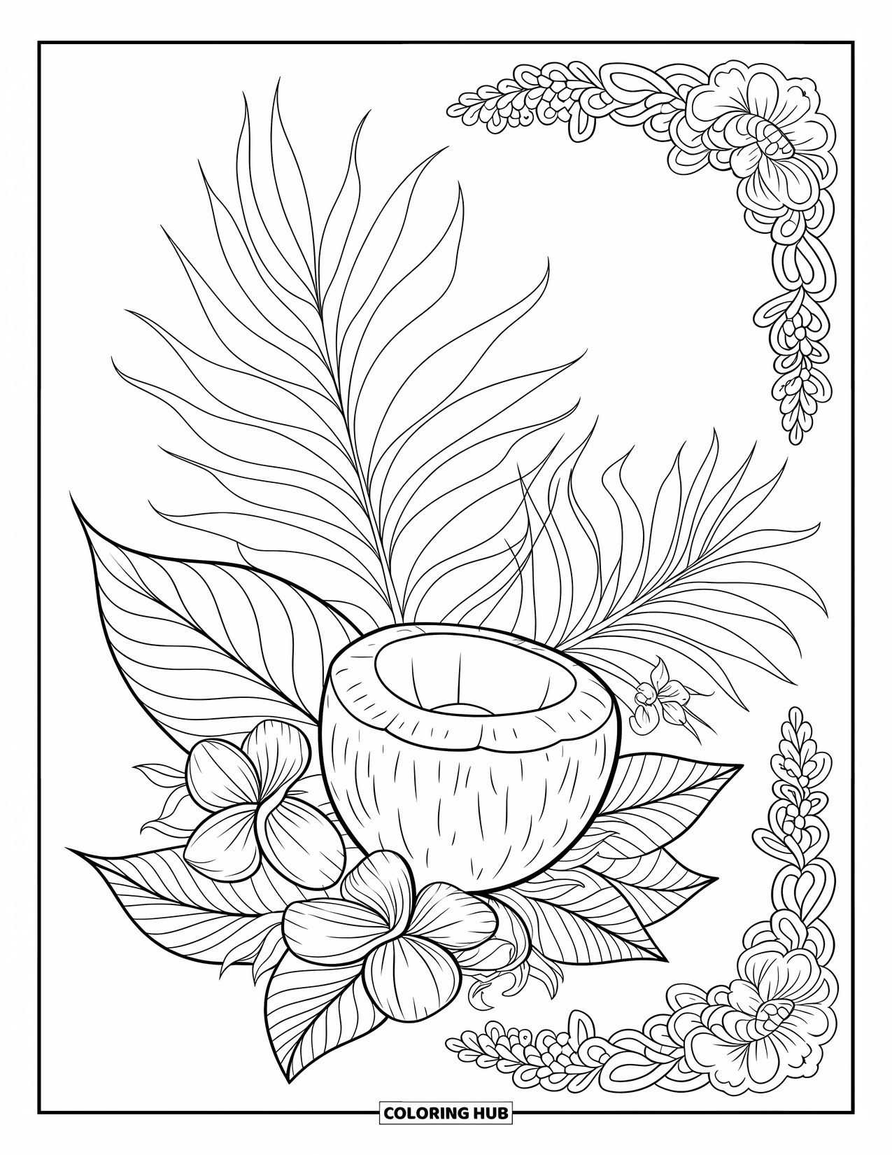 Coconut Coloring Page for Adults: Coconut framed by tropical flowers, leaves, and a circular border