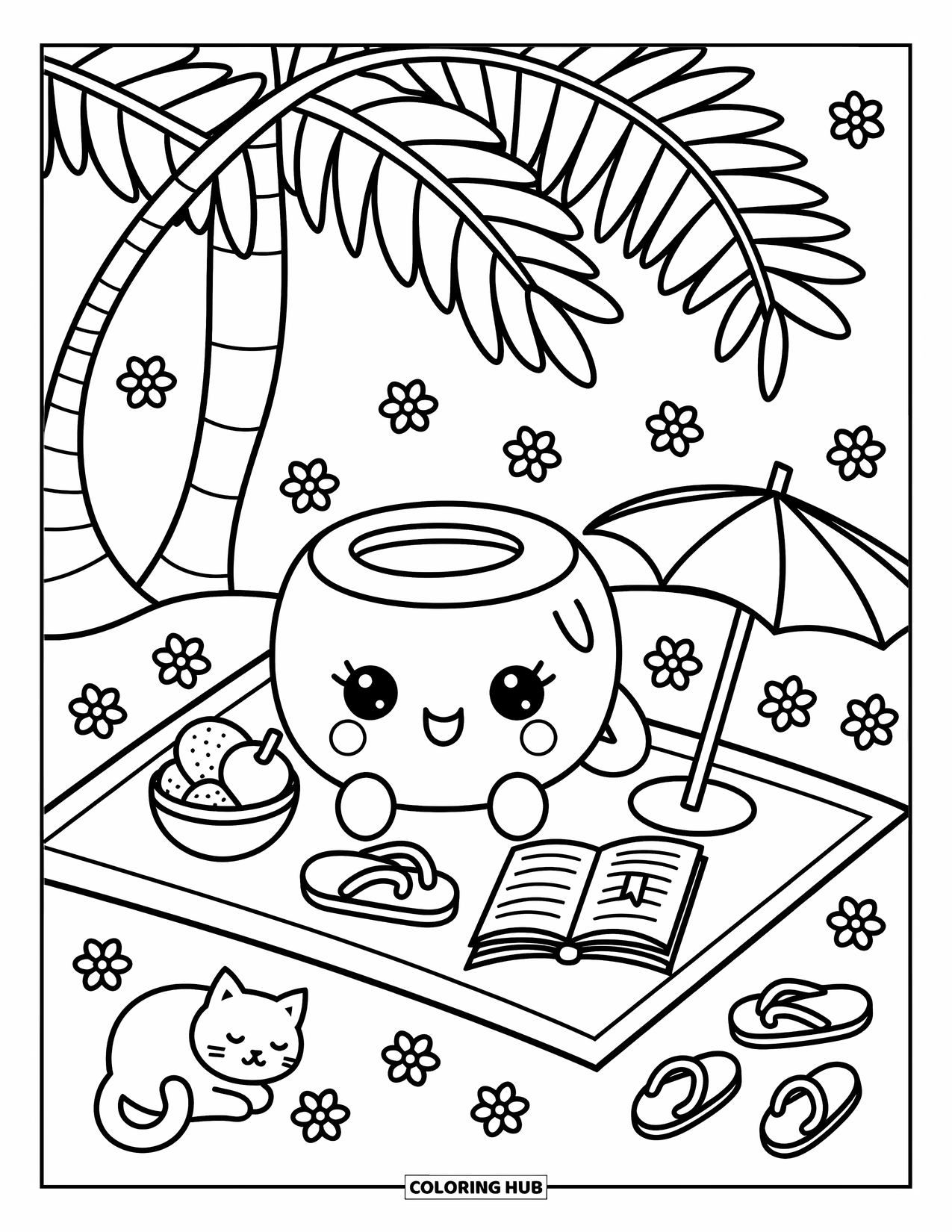 Coconut Coloring Page for Adults: Coconut on a mat with book, umbrella, tiny flowers, and a sleeping cat