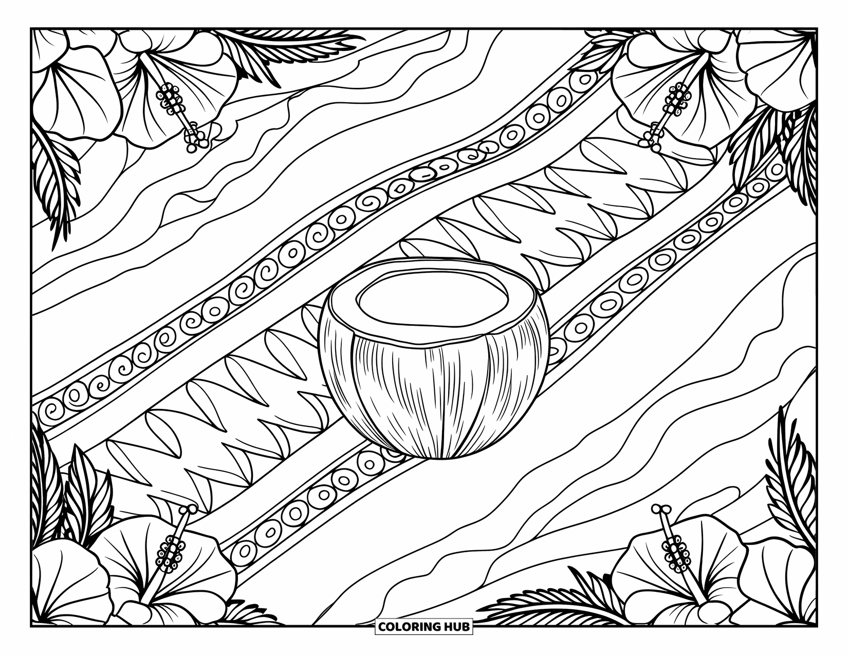 Coconut Coloring Page for Adults: Coconut on a towel with waves, palm trees, and hibiscus mandalas