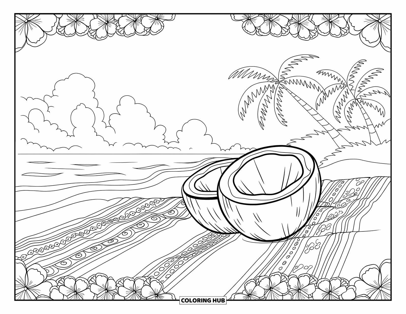 Coconut Coloring Page for Adults: Coconut on patterned towels with ocean waves and hibiscus borders