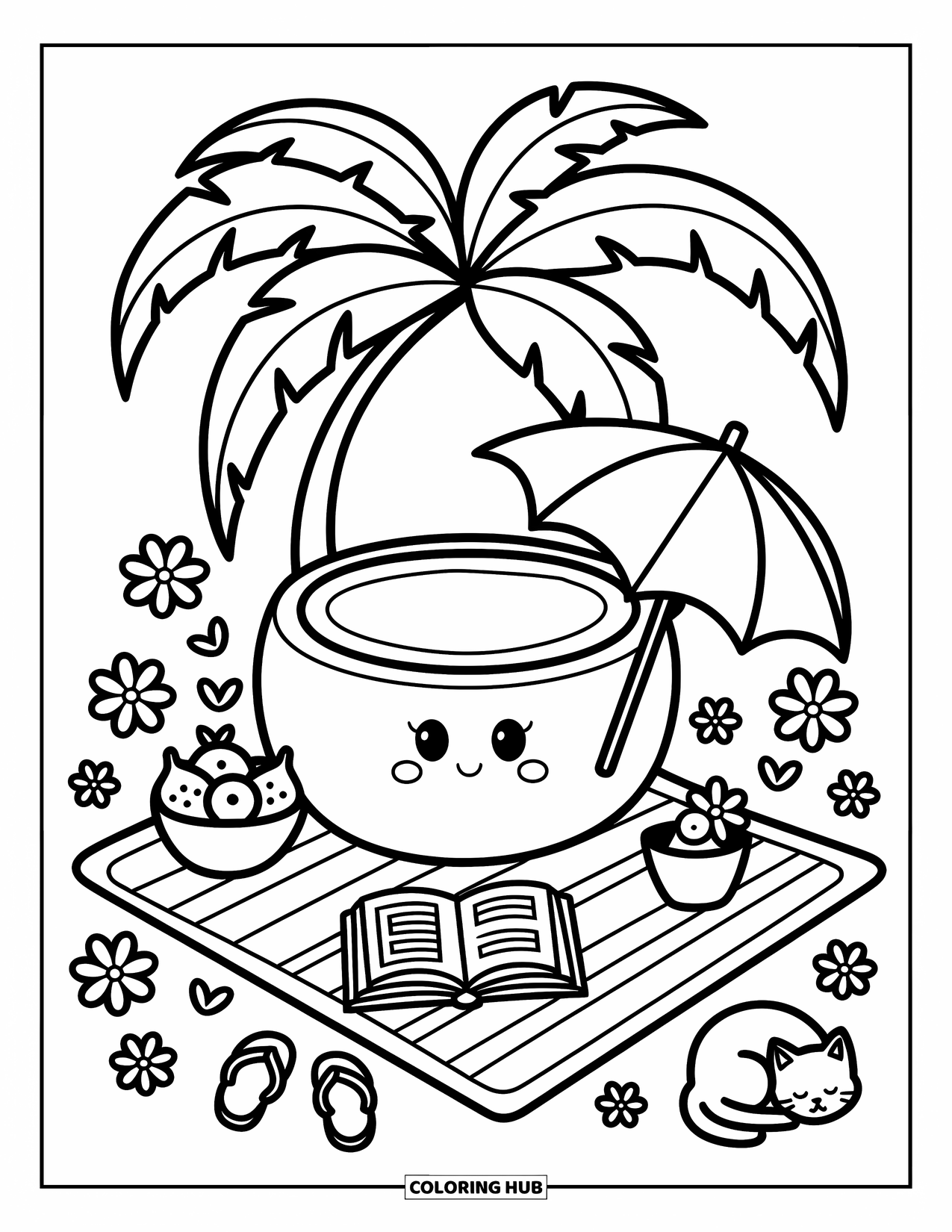 Coconut Coloring Page for Adults: Coconut relaxes on a mat with fruit bowl, book, and cozy beach doodles