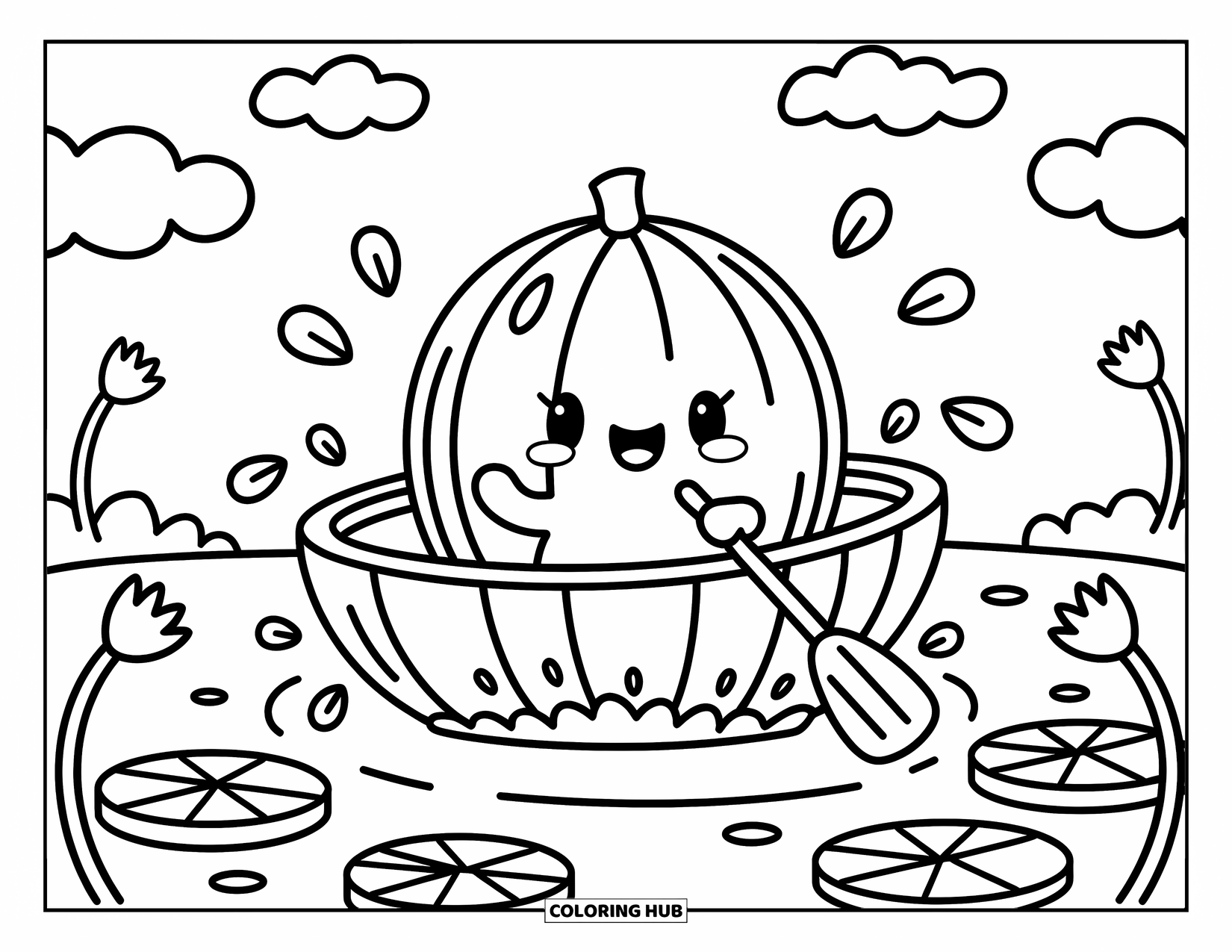 Coconut Coloring Page for Adults: Coconut rows through lily pads in a calm lagoon with floating petals and fish