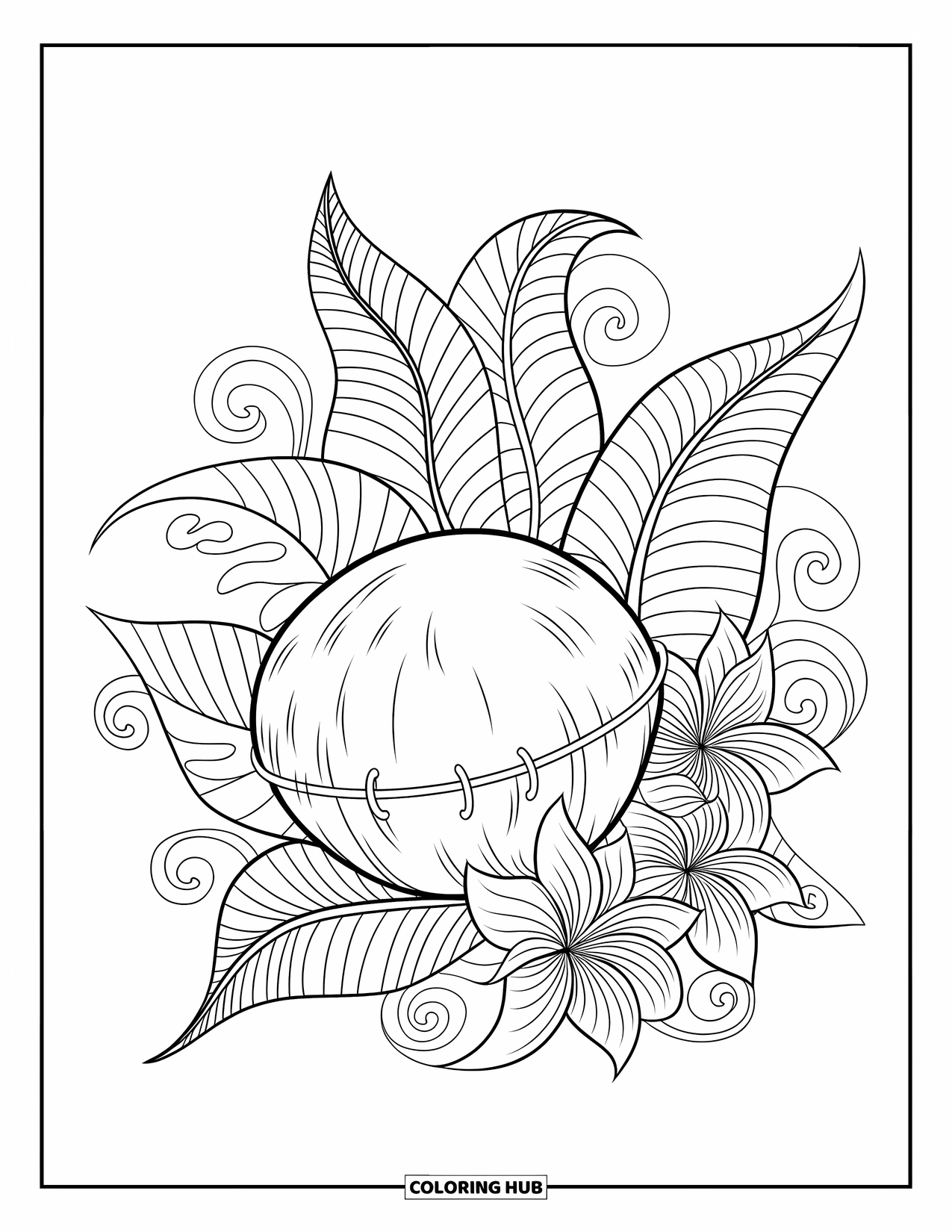 Coconut Coloring Page for Adults: Coconut surrounded by swirling leaves and tropical flowers