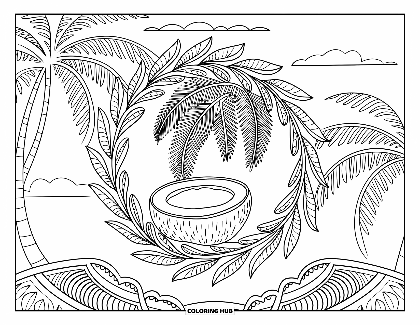 Coconut Coloring Page for Adults: Coconut under palm fronds, encircled by decorative leaves and a tropical sky