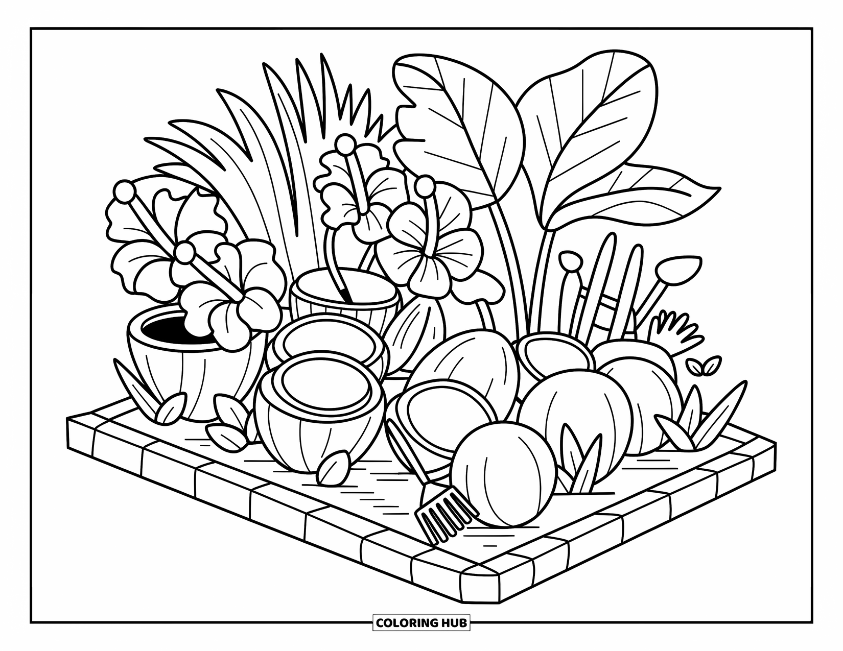 Coconut Coloring Page for Adults: Coconuts nestled in a tropical garden with palm leaves, hibiscus, and tiny tools