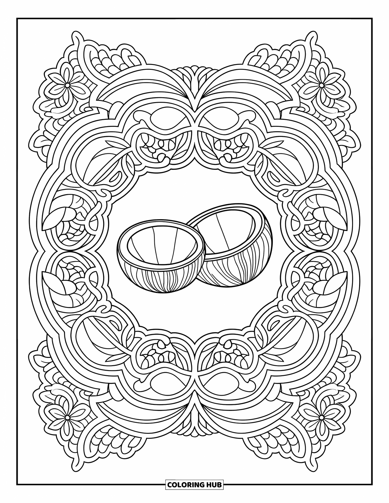 Coconut Coloring Page for Adults: Coconuts surrounded by intricate botanical lace on a white background