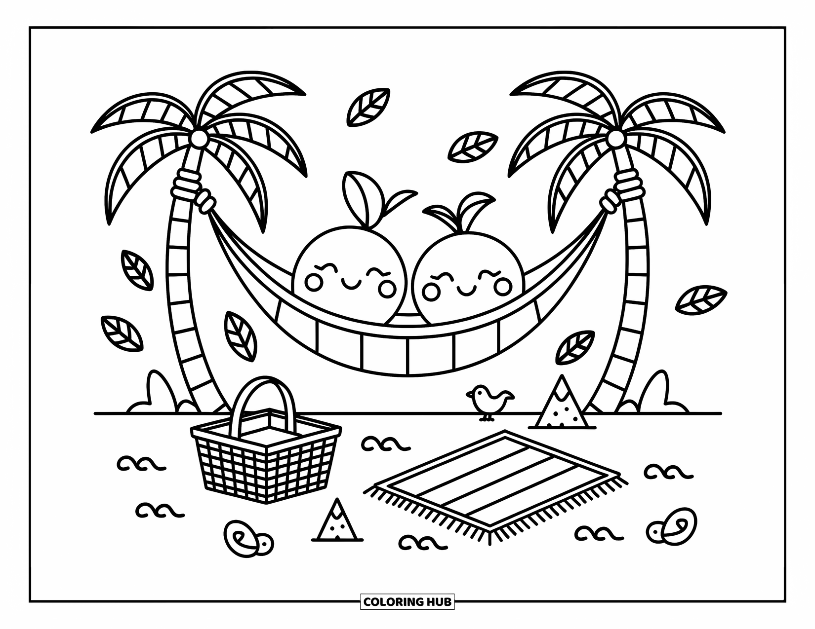 Coconut Coloring Page for Adults: Cozy hammock holds coconuts above a beach setup with playful, relaxing details