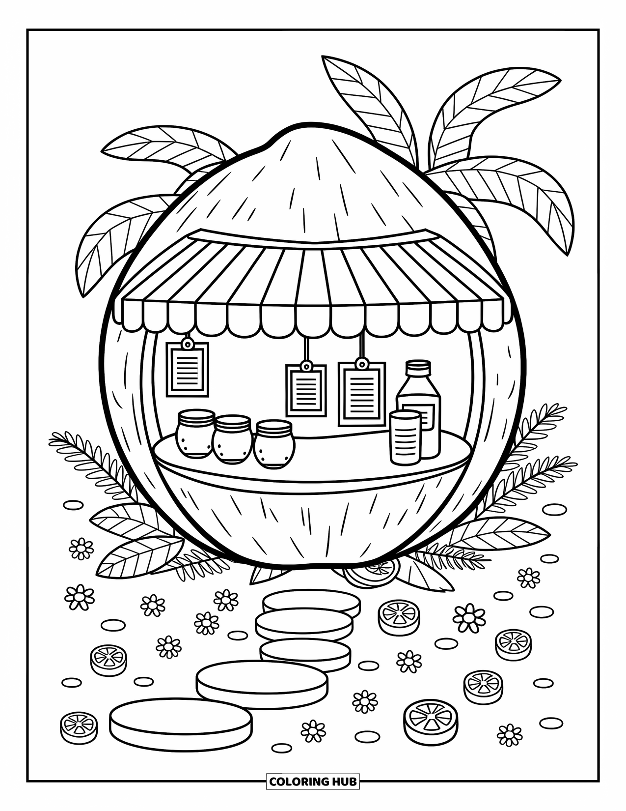 Coconut Coloring Page for Adults: Cute coconut drink stand with fruit jars, flowers, and scattered lime slices