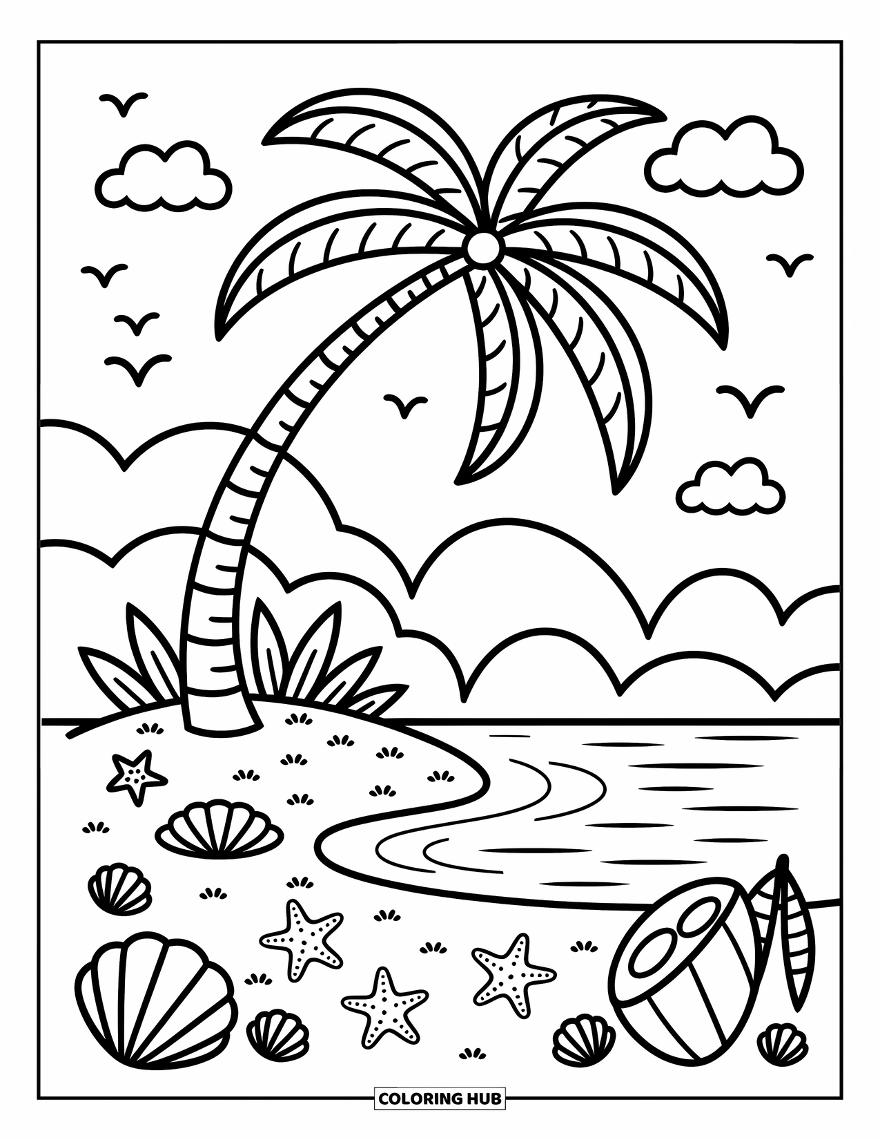 Coconut Coloring Page for Adults: Island with coconut tree leaning over a lagoon, seashells, and tiny coconuts nearby