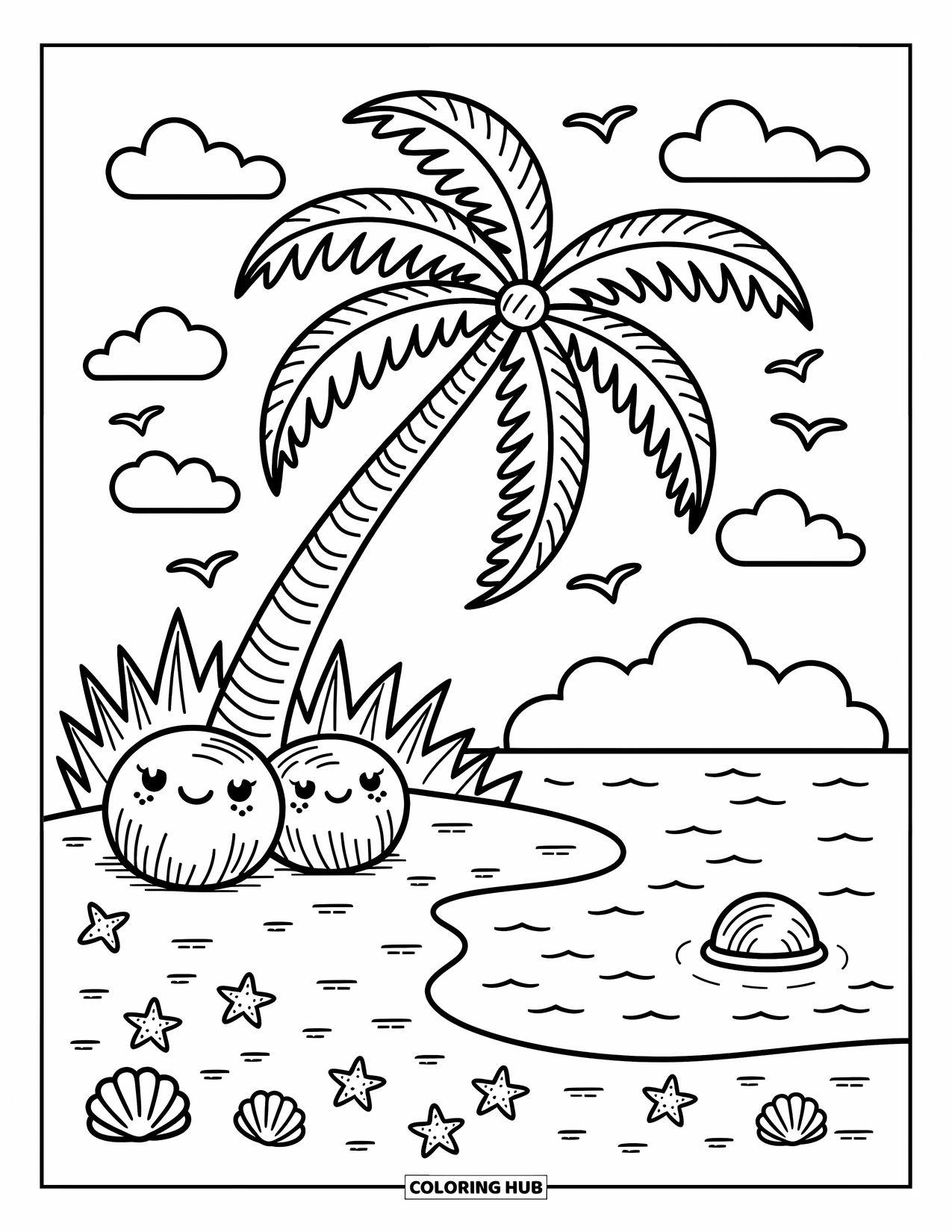 Coconut Coloring Page for Adults: Lagoon island with starfish, shells, and coconuts resting by a coconut tree