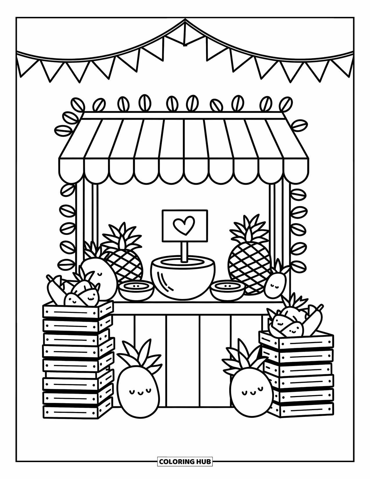 Coconut Coloring Page for Adults: Mini fruit market with a coconut, pineapples, and leafy vines under cozy bunting