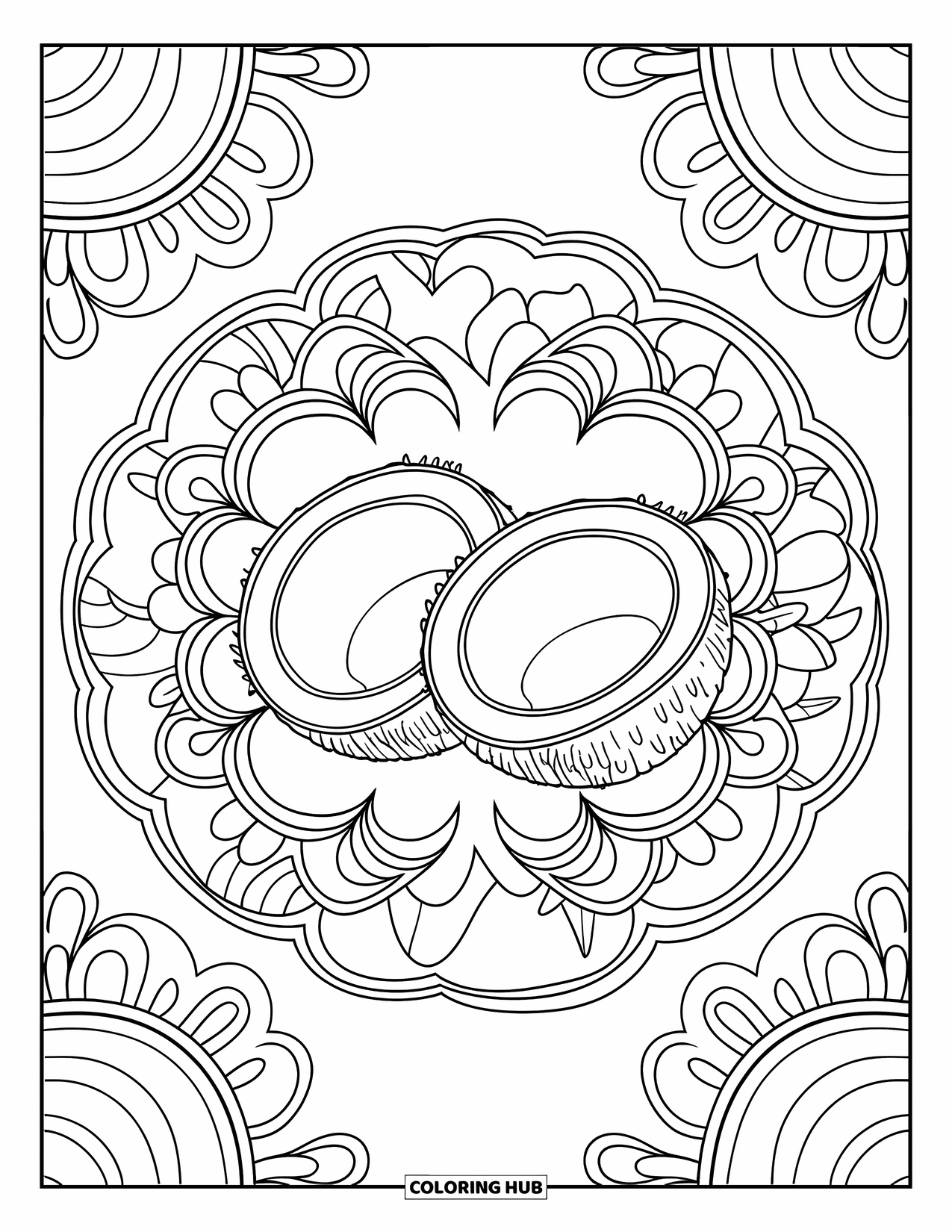 Coconut Coloring Page for Adults: Pair of coconuts framed by detailed floral and vine designs