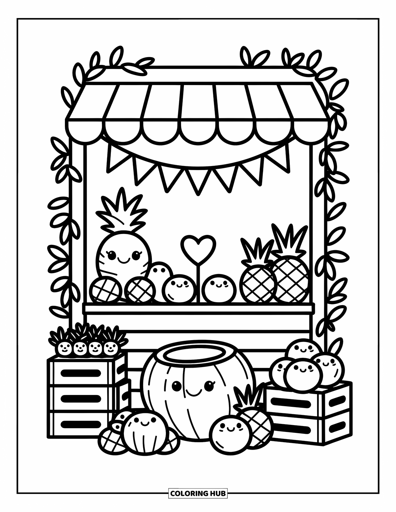 Coconut Coloring Page for Adults: Tropical market stall with a coconut holding a heart sign among fruits and vines
