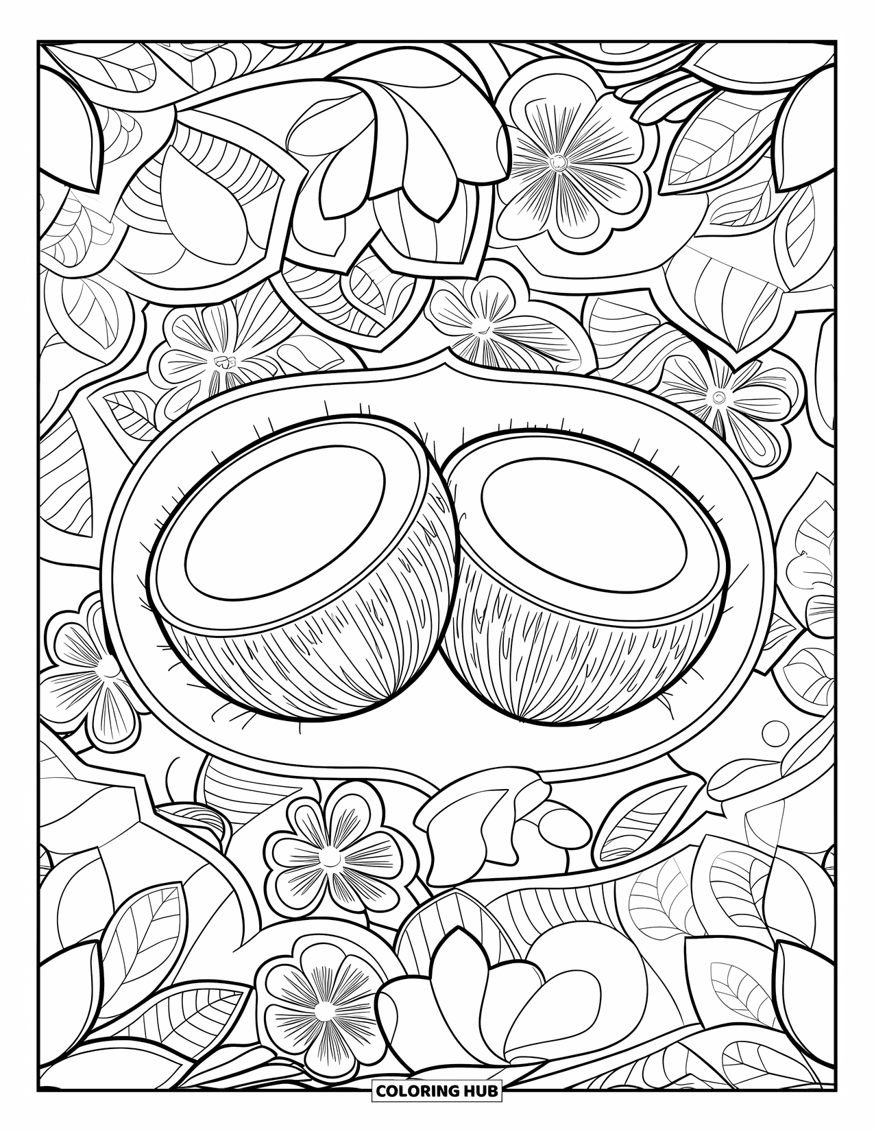 Coconut Coloring Page for Adults: Two coconuts in the center of layered botanical lace patterns