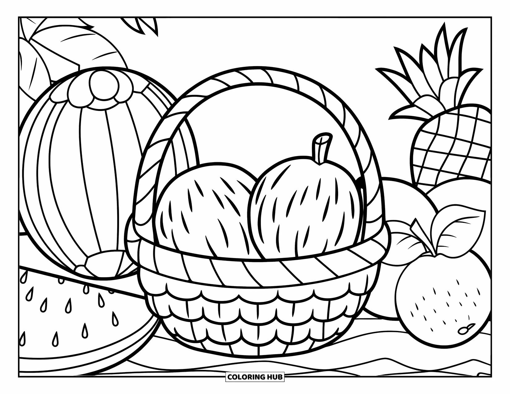 Coconut Coloring Page for Kids: Basket with two coconuts surrounded by cheerful oversized fruits