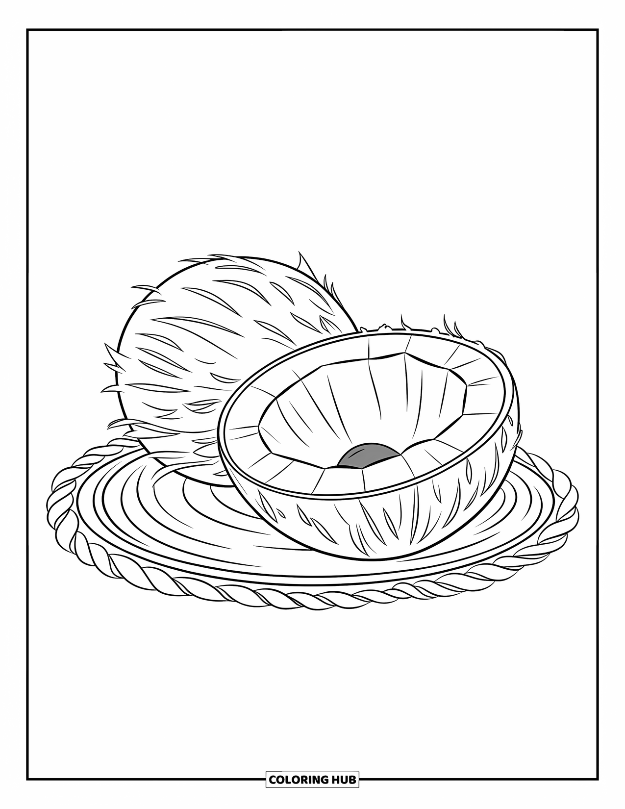 Coconut Coloring Page for Kids: Coconut cracked open on a mat showing white inside