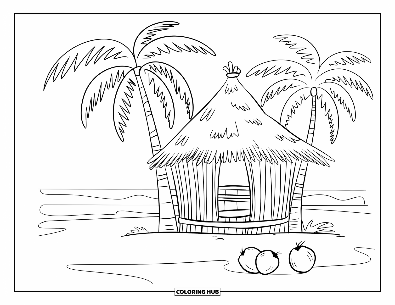 Coconut Coloring Page for Kids: Coconut hut on a beach with waves and coconuts nearby