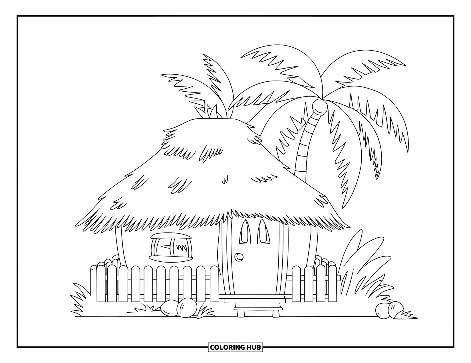 Coconut Coloring Page for Kids: Coconut hut with a picket fence and palm trees behind