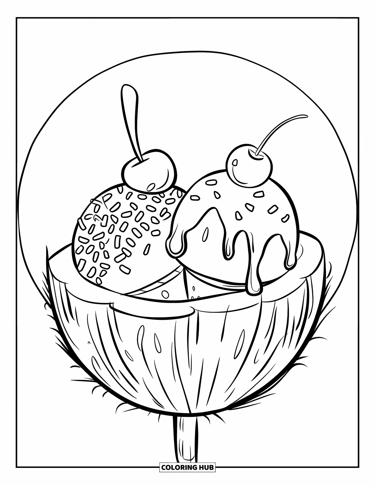 Coconut Coloring Page for Kids: Coconut ice cream treat with sprinkles and syrup sits on a stick in a white circle